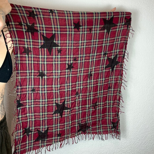 Red Scarf with green and white lines and black stars