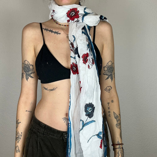 White Scarf with colorful flowers