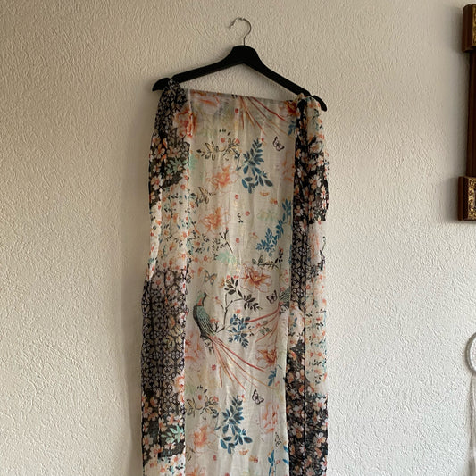 White Scarf with blue, pink and black pattern