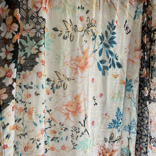 White Scarf with blue, pink and black pattern