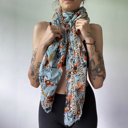 Blue Scarf with orange black white pattern